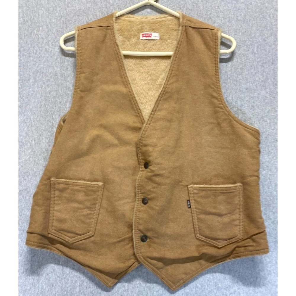 Vintage Levi's Vest Mens Large Brown Cotton Faux Fur Lined V Neck Button Front